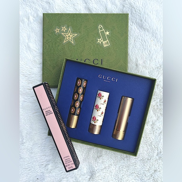 NWT 💋Gucci Beauty 3 Pack Lipsticks Boxed Set in Rouge Red & Gucci Lip Liner - Picture 1 of 16